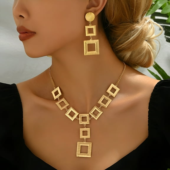 DESIGNICE Gold Geometric Jewelry Set, Electroplated Necklace & Earrings Duo, Hypoallergenic Gift for Everyday Chic to Evening Glamour