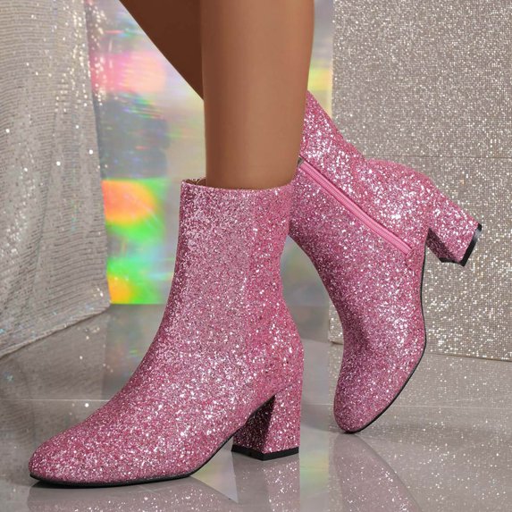 Modisza Women's Fashion Ankle Boots Glitter Sparkly Mid Calf Booties Ladies Outdoor Comfortable Low Heel Party Dressy Boot