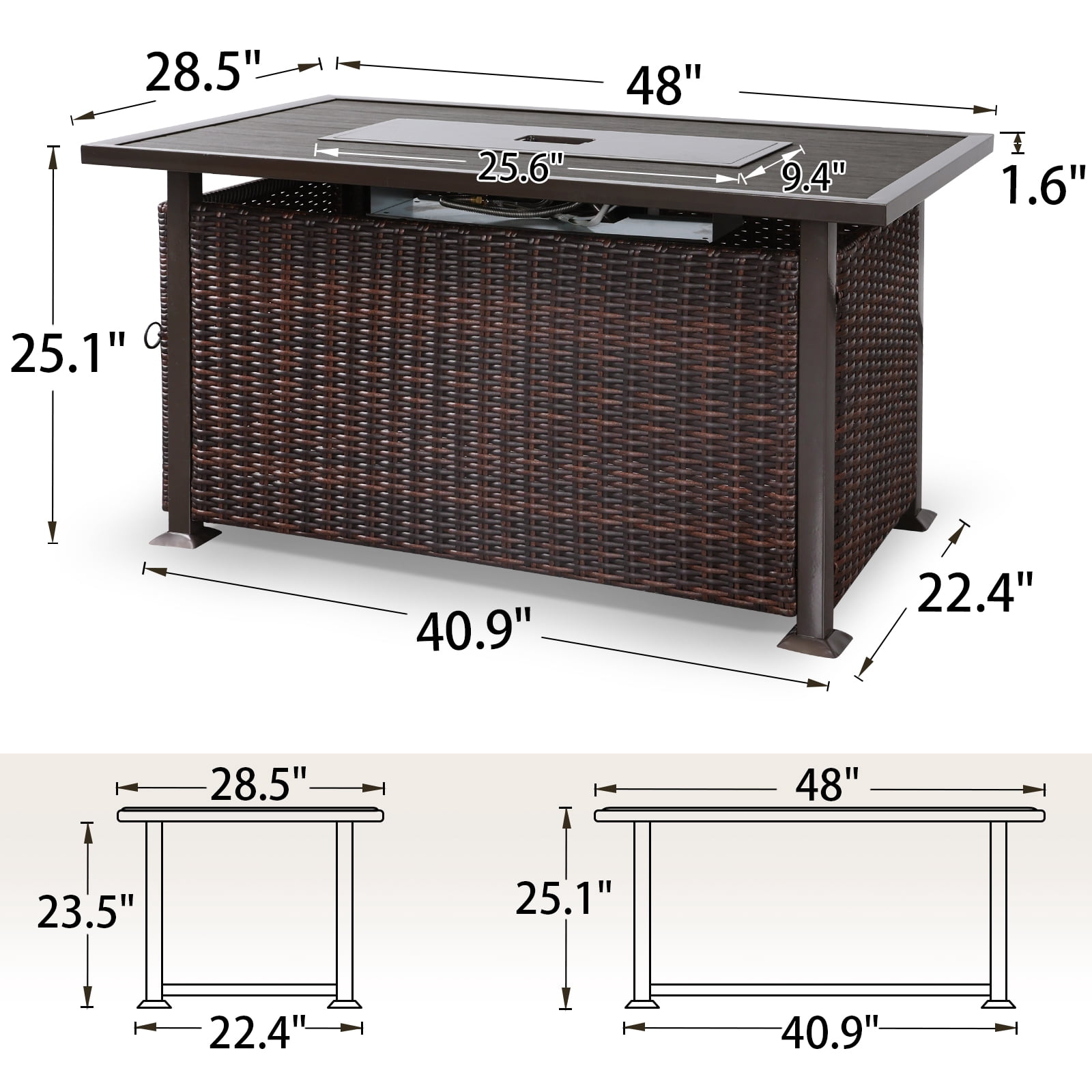 NOBLEMOOD 50000 BTU 48 inch Wicker Outdoor Propane Fire Pit Table with Dustproof Cover and Blue Glass Beads for Outside Backyard Garden