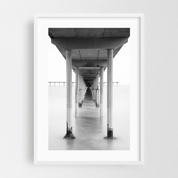 Under the Pier, OB B&W - San Diego California Photography White Framed Wall Art Print 12 x 18 inches