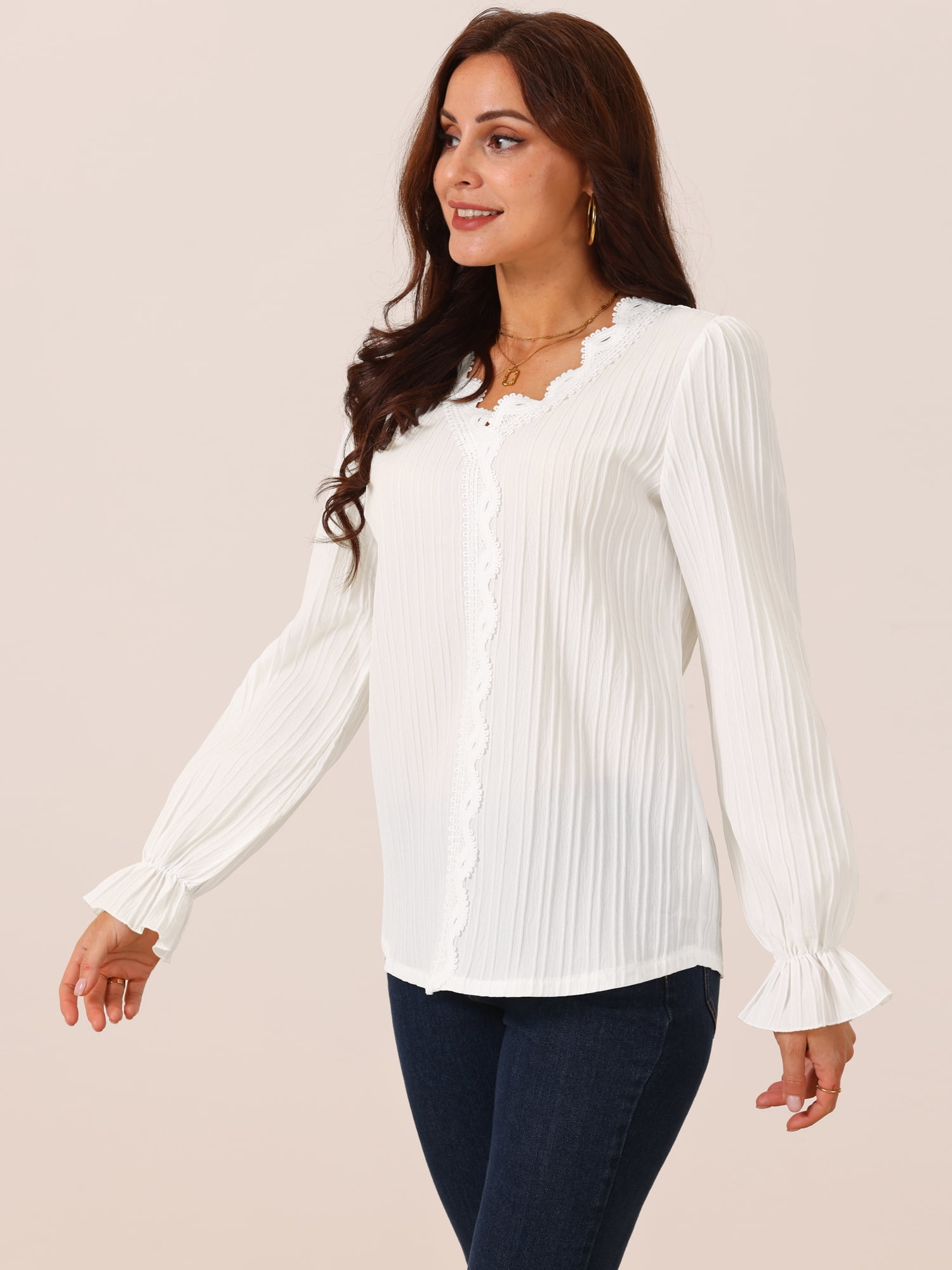 DARING DIVA Women's Lace V Neck Lantern Sleeve Fashion T Shirt XL White