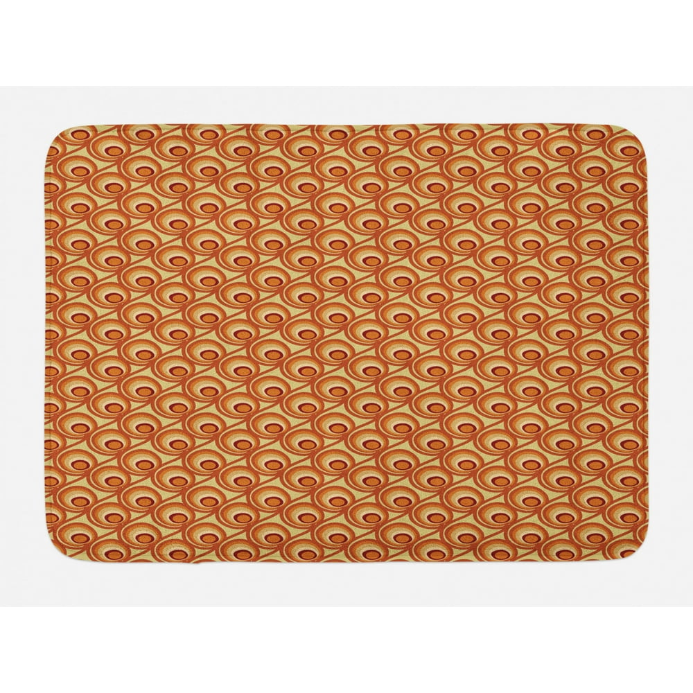 Burnt Orange Bath Mat, Retro Design Inspirations with Doodle Style