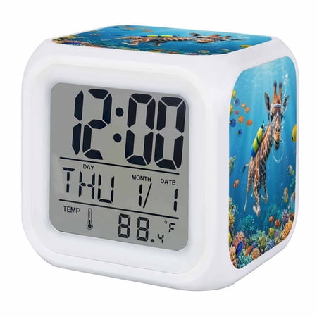 Alarm Clocks Diving Giraffe Digital Clock 7 Color LED Night Light Silent Non-Ticking Battery Operated Funny Animal Fish Coral Ocean Seafloor Cube Clocks for Bedroom Bedside Living Room Office School