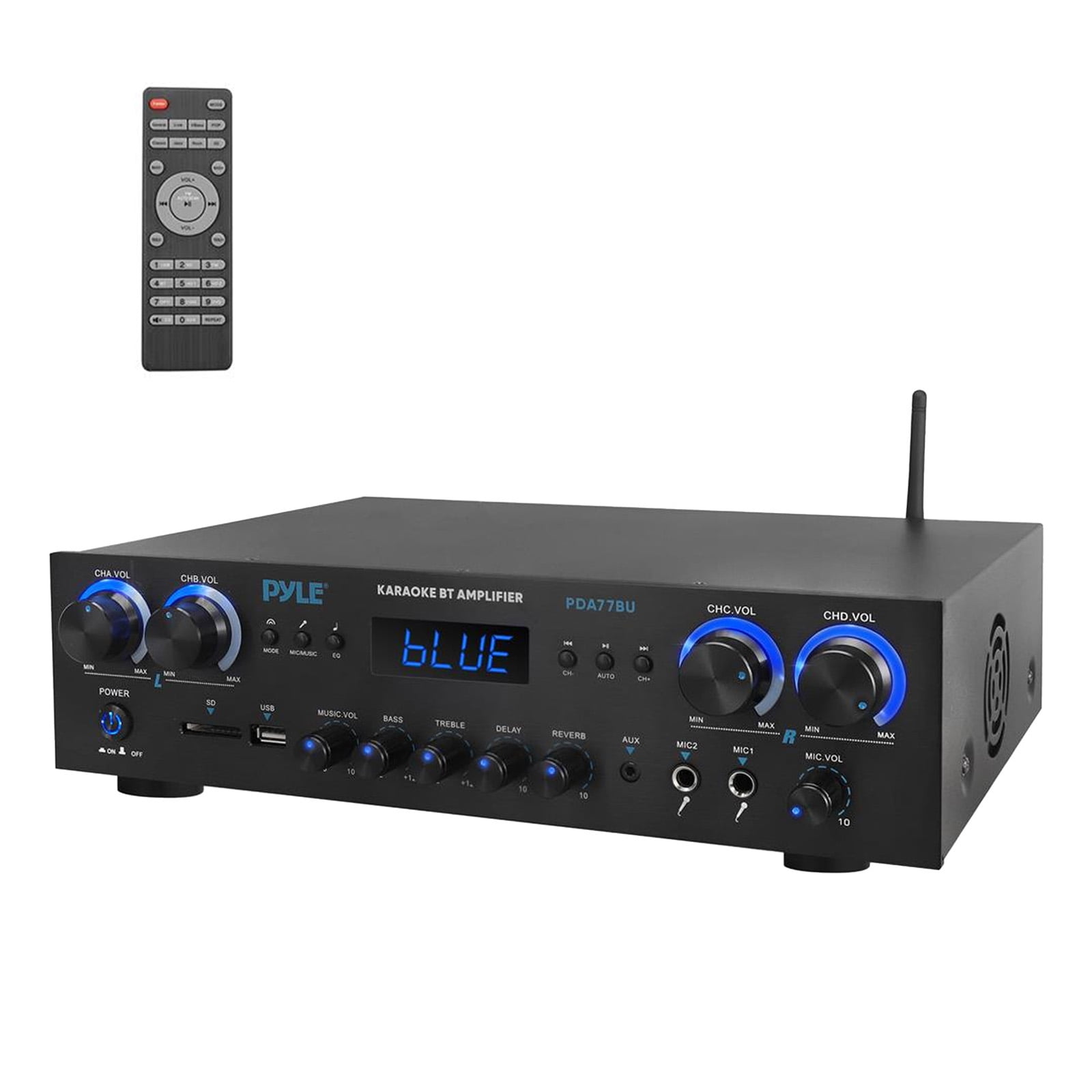 Pyle PDA77BU 4-Channel Bluetooth MP3/USB/SD/RCA/AUX FM Radio Home Theater Receiver, 4x 6.5'' 240 Watt Max Power Home Theater Wooden Bookshelf Black Speakers, 50 Feet 16 Gauge Speaker Wire