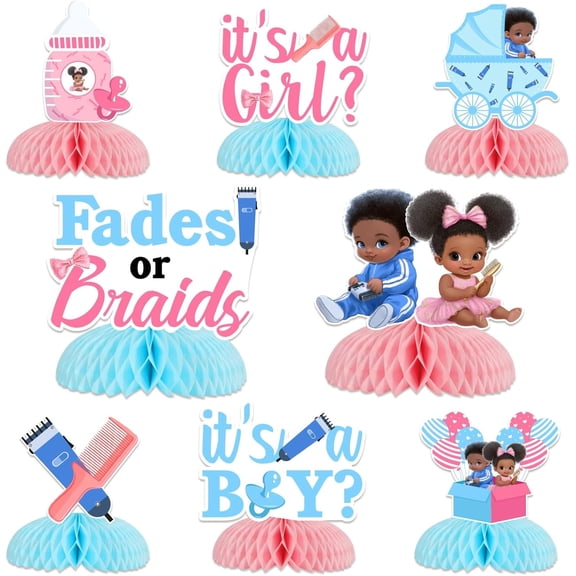 Funmemoir 8pcs Fades or Braids Honeycomb Centerpiece, Fades or Braids Gender Reveal Decoration Blue and Pink Boy or Girl Table Decoration for Baby Shower Pregnancy Announcement Party Supplies