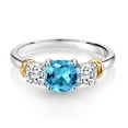 thumbnail image 2 of Gem Stone King 925 Sterling Silver and 10K Yellow Gold Swiss Blue Topaz and White Moissanite 3 Stone Engagement Ring for Women (1.79 Cttw, Cushion Cut 6MM and 4MM, Available in Size 5, 6, 7, 8, 9), 2 of 4