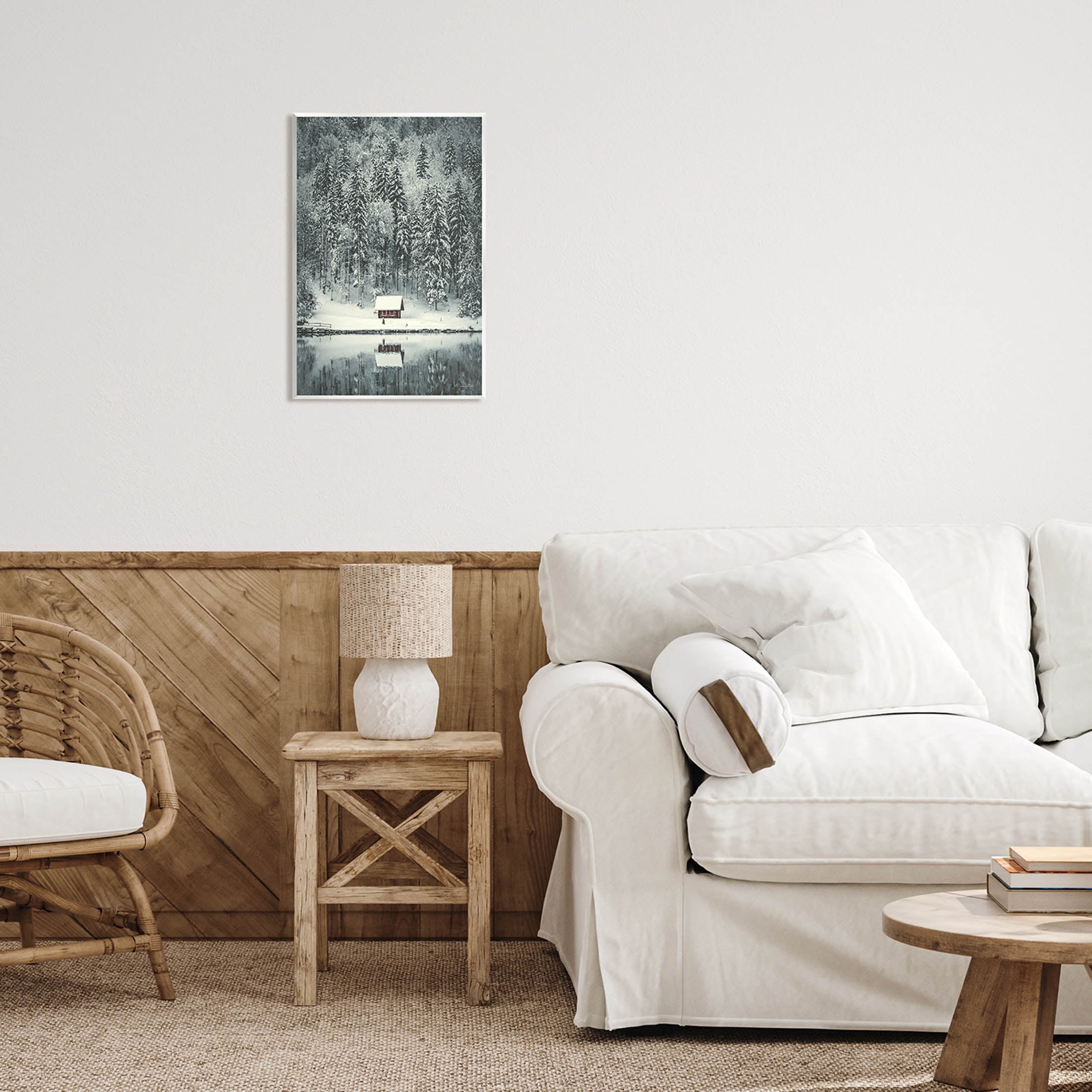 Snowy Woodland Hut Reflection Landscape Painting Unframed Art Print Wall Art