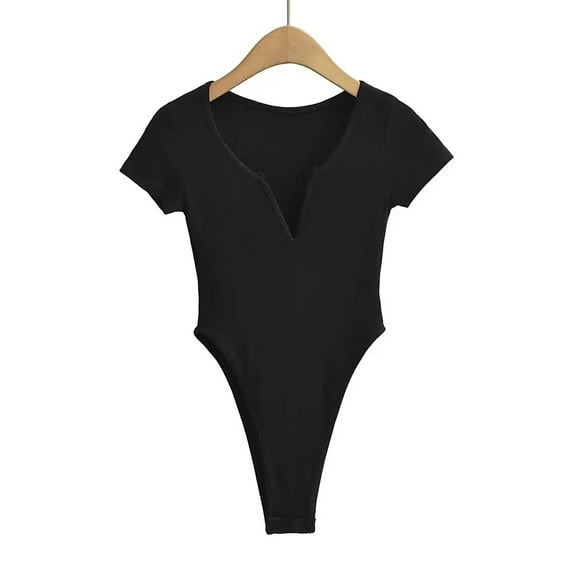 AXXD Womens Blouse Black Basic Summer 2024 Short Sleeved V-neck Solid Color Elastic Slim Jumpsuit Long Sleeved V-neck Top/shirt