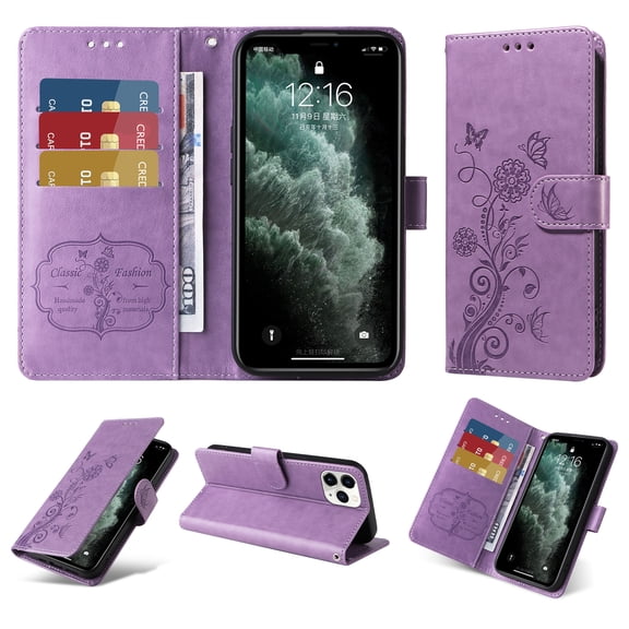 Compatible with iPhone 12 Pro Max Wallet Case with Card Holder & Cash Slot [RFID Blocking],Wallet Wristlet Pressed Butterfly Flower PU Leather Magnetic Flip Folio Cover for Women Men,Purple