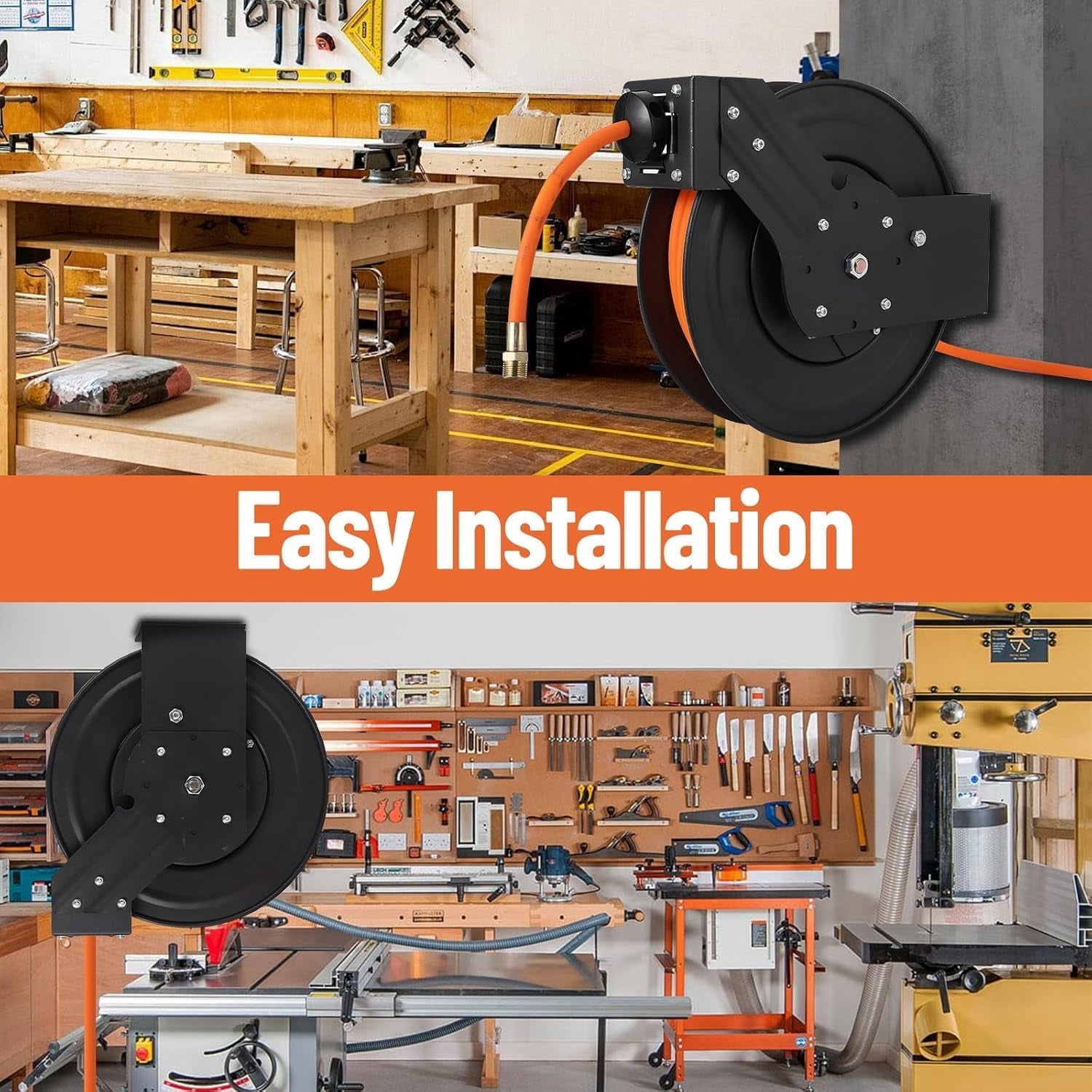 Retractable Air Hose Reel, 1/2 IN x 50 FT Hybrid Polymer Hose Max 300PSI, Double Arm & Auto Rewind Air Compressor Hose Reel Heavy Duty with 5 ft, Ceiling/Wall Mount Enclosed Air Reel Commerica