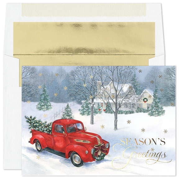 Masterpiece Studios Holiday Collection 16-Count Boxed Christmas Cards with Foil-Lined Envelopes, 5.6" x 7.8", Trucking the Tree (948700A)