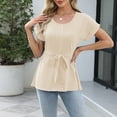 thumbnail image 2 of Delayuji Women's Spring Solid Color Round Neck Folded Belt Loose Casual Short Sleeve Top Beige L Polyester,Spandex Short Sleeve Shirts for Women, 2 of 6