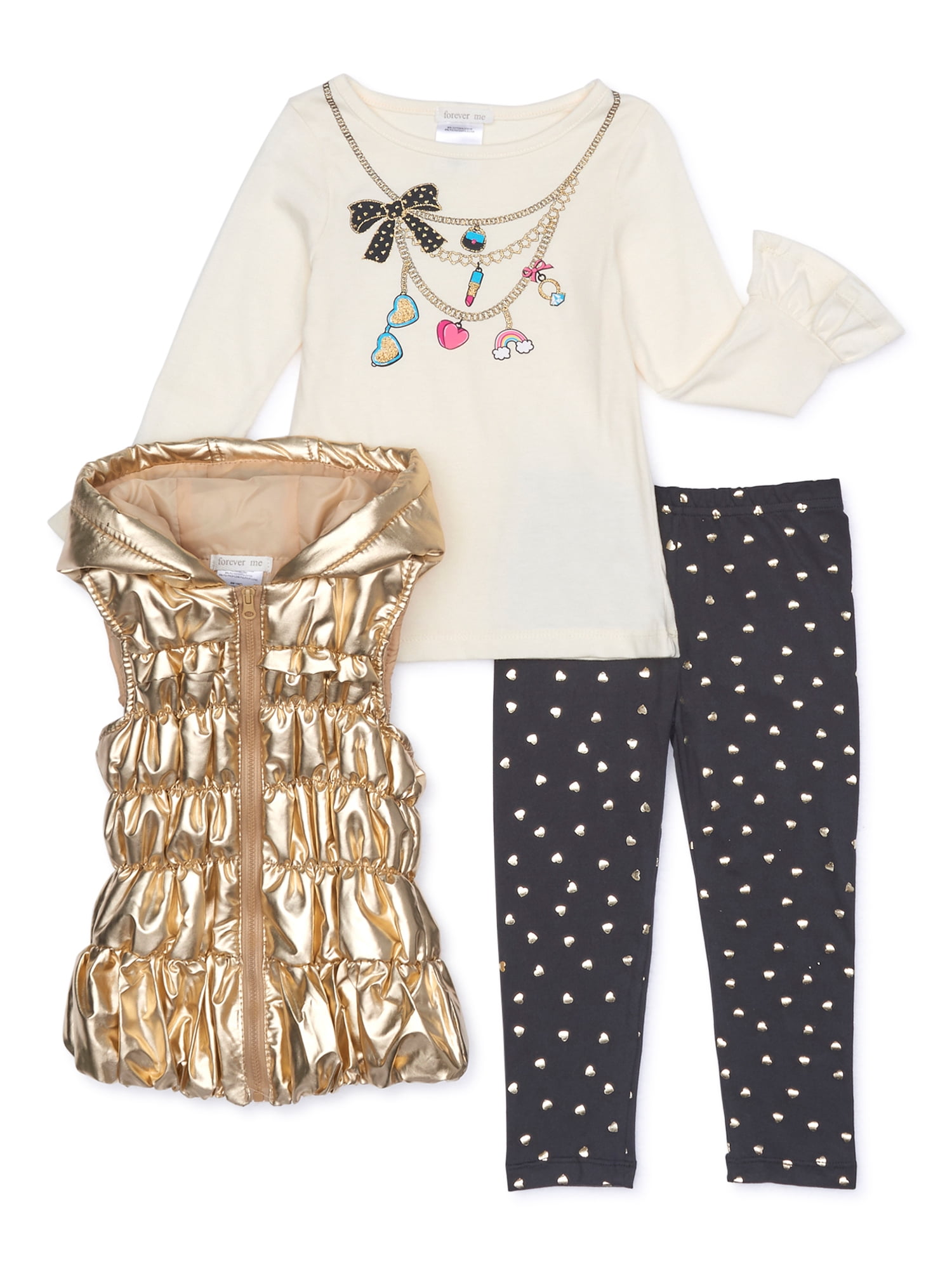 Forever Me Toddler Girl Metallic Hooded Puffer Vest, Long Sleeve Top