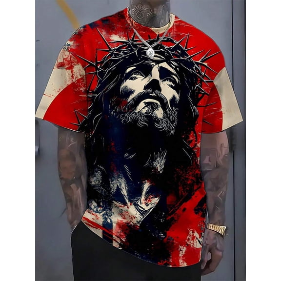3D Digital Printed Jesus Picture Men's T-Shirt, Comfortable Short Sleeve Round Neck T-Shirt, Casual Outdoor Men's Short Sleeve Top, Summer