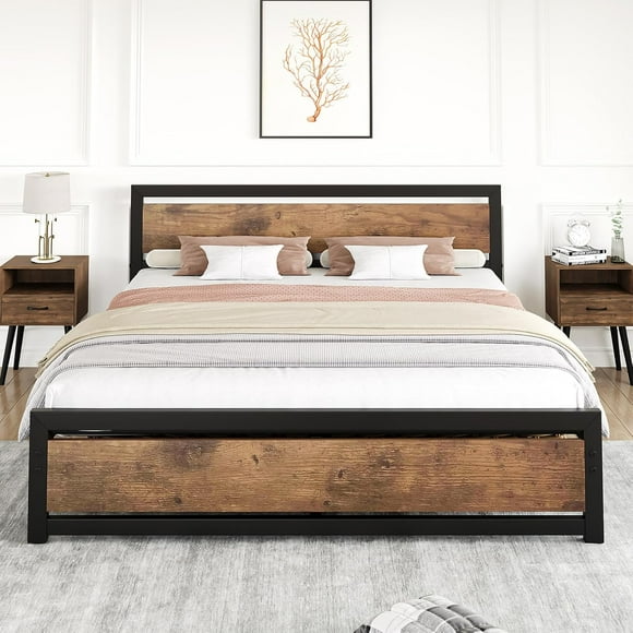 Full Size Bed Frame, Industrial Full Bed Platform with Headboard, Easy Assemble Mattress Bedframe in Retro Brown, No Box Spring Needed