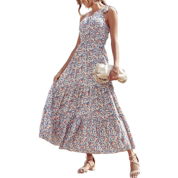 Vestido Maxi Floral PRETTYGARDEN con Nudo y Un Hombro Azul Talla M