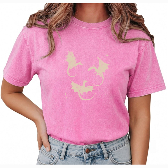 Giffimy Women's Pink Celestial Dragon Vintage Washed T-Shirt Short Sleeve S-2XL Relaxed Fit Top