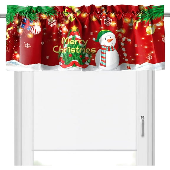 Christmas Tree and Snowman Kitchen Window Valances Merry Christmas Candy Stick Home Window Treatment Topper Decoration with Rod Pocket Ball Ornaments Short Curtains 52x18inch