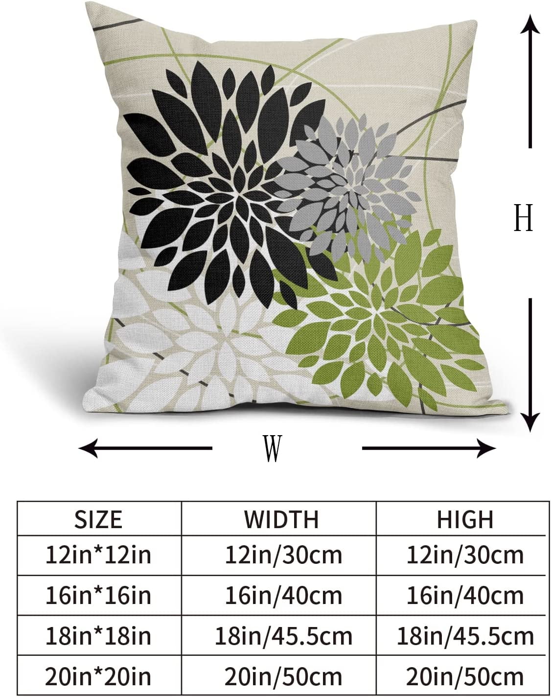 Black Green Pillow Covers 20x20 Inch Dahlia Flower Decorative Throw Pillows Modern Geometry Floral Outdoor Farmhouse Pillowcase Linen Square Cushion Case Decor for Home Sofa Couch Bed, Set of 2