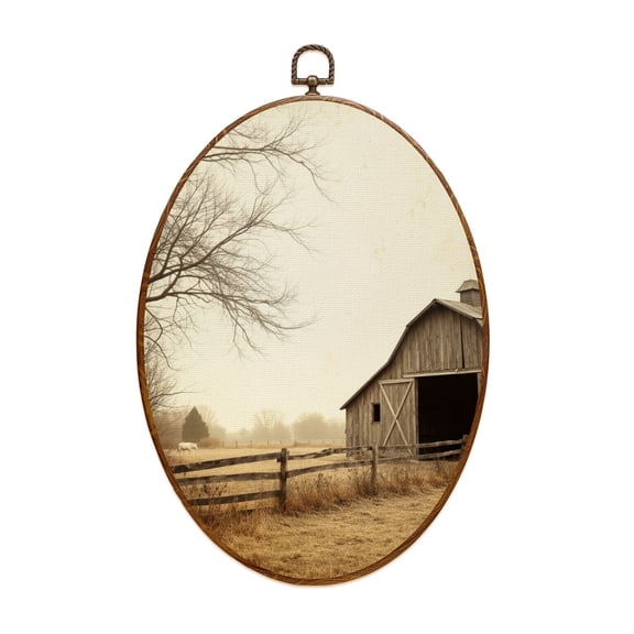 Oval Framed Wall Art Rustic Farmhouse Vintage Barn Country Field Landscape Rustic Barn Open Canvas Wall Art Oval Vintage Wall Decor Prints Hanging Decor for Home Bedroom Living Room Office 8"x11.4"