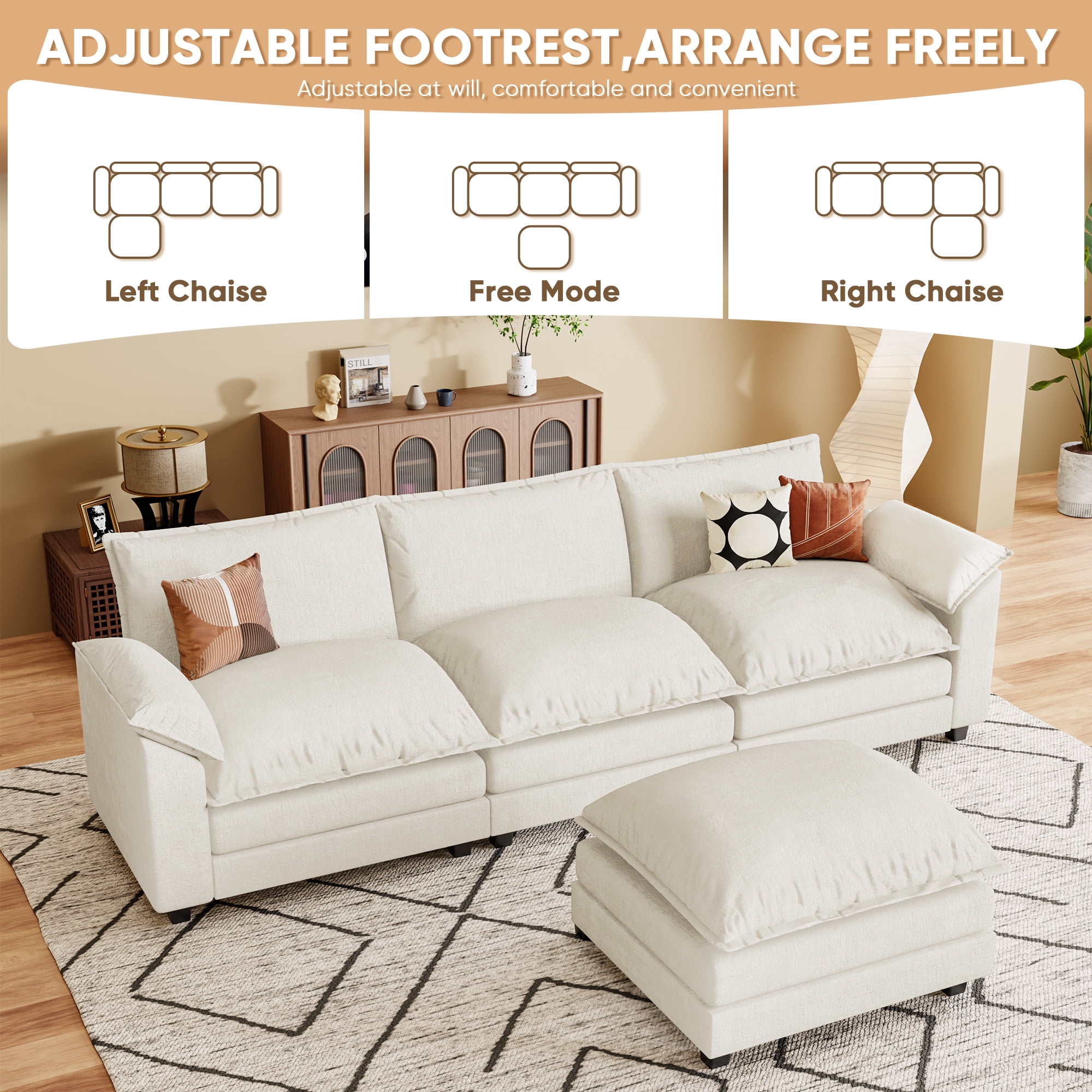 Homall Sectional Sofa 3-seat L-shaped Sofa with reversible toffee chair Movable Footrest Sofa,White