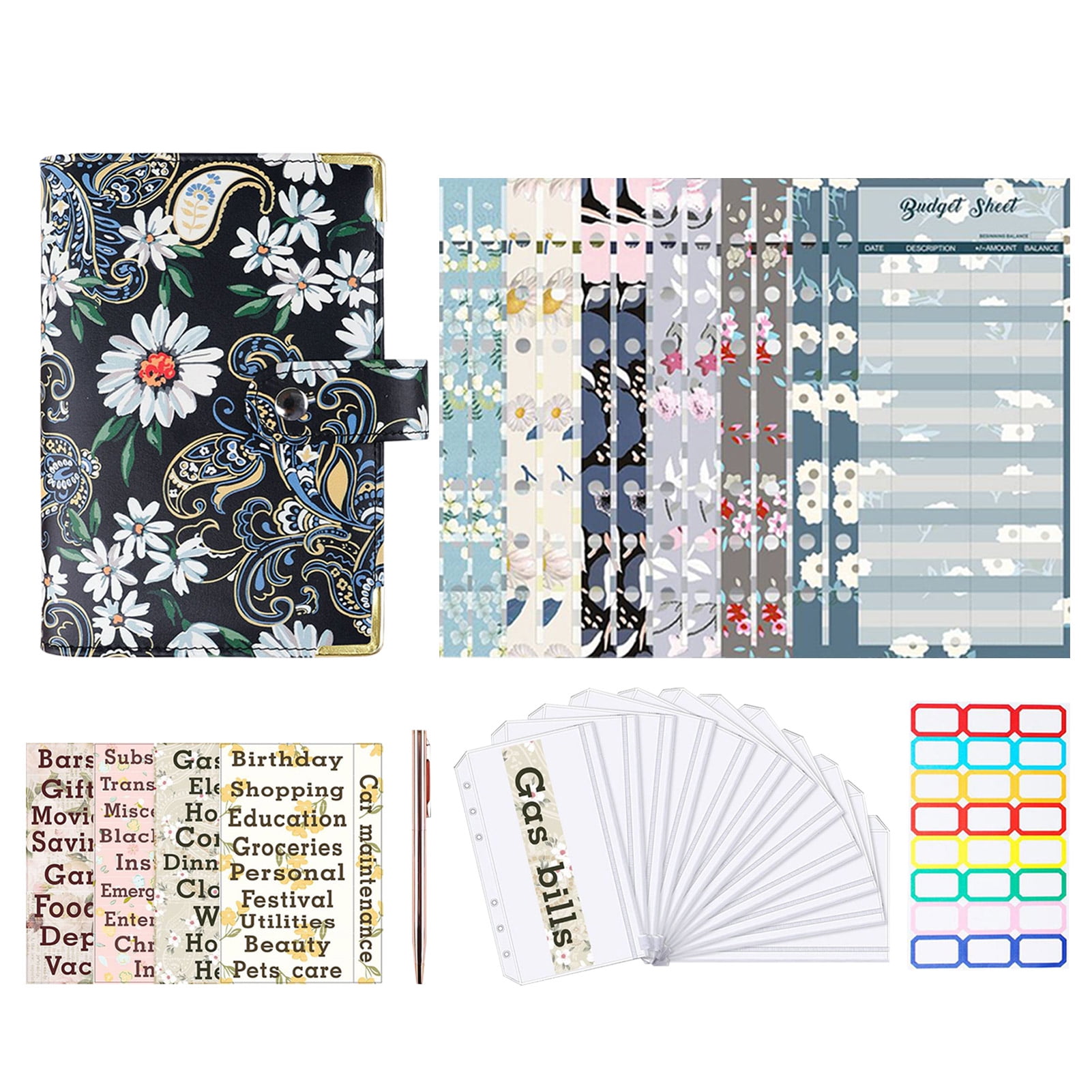 Younar A6 Budget Binder | Cash Envelopes for Budgeting | 6 Ring PU Leather Notebook Binder with Cash Envelopes & Expense Budget Sheets, 24 Sticker ...