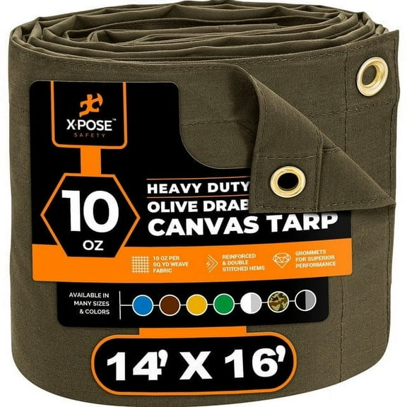 Xpose Safety Canvas Tarp - 10oz Olive Drab Poly Canvas Tarps Heavy Duty Water Resistant with Brass Grommets- Multipurpose Outdoor Tarpaulin for Camping, Canopy, Trailer, Equipment Cover 14' x 16'