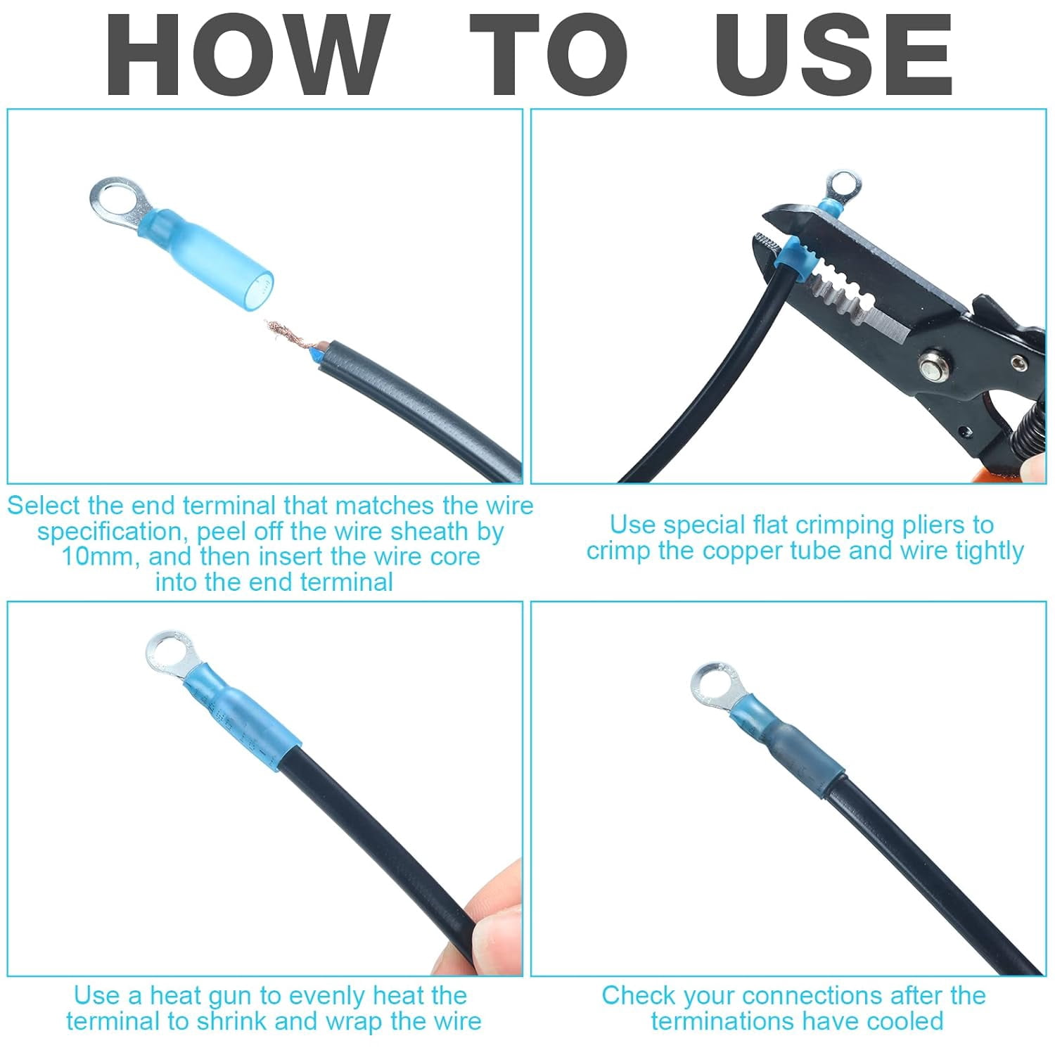 300 heat shrink ring terminals #10 electrical connector connectors transparent wire connectors, waterproof and insulated (blue, ring #10)