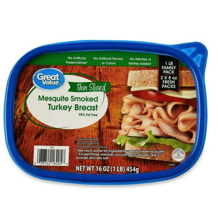 Great Value Mesquite Smoked Turkey Breast Lunchmeat, 16 oz, Plastic Tub