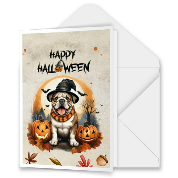 Happy Halloween Bulldog Witches Hat Pumpkin Carving 5x7in Folded Greeting Card Dog Lover Gifts Idea Single Note Card with Envelope - 02019