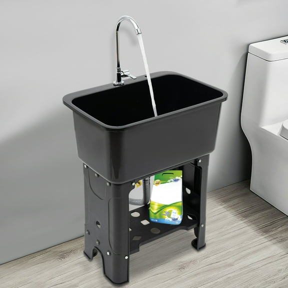 Laundry Sink Freestanding Plastic Utility Sink W/Storage Shelf Faucet Drain Kit For Laundry Room, Bathroom, Farmhouse