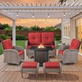thumbnail image 2 of PARKWELL Patio Furniture Set with Propane Fire Pit Table, 7-Piece Outdoor Sectional Conversation Set, Gray PE Rattan Patio Loveseat Glider with Swivel Chairs and Ottomans for Porch Deck, Red, 2 of 15