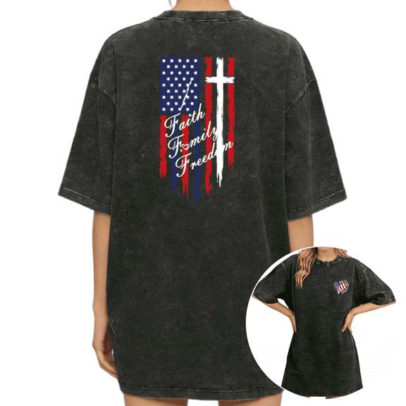 Retro 4th Of July Patriotic USA Flag Womens Washed Black T-Shirt S-2XL Tops