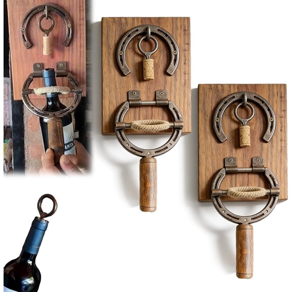 Rustic Horseshoe Wine Opener Corkscrew Wall Mounted, Vintage Industrial Decor Wine Bottle Opener & Unique Gift for Kitchen Bar Wall Decor Wine Lovers (2pc)