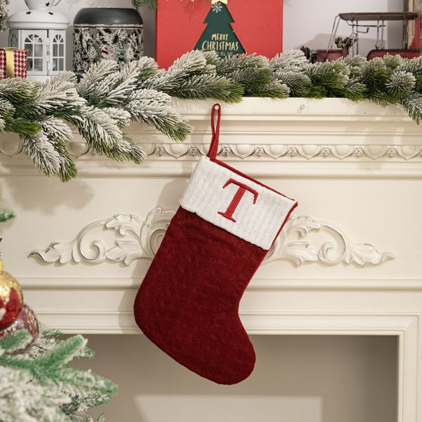 Calcetín navideño de punto | Medias navideñas con letras bordadas | Decoración para la repisa de la chimenea | Bolsa de regalo para dulces infantiles | Adorno navideño para el árbol