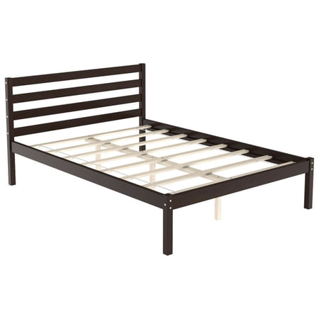 Furnibear Full Bed Frame Foundation with Solid Wooden Slat Support and Headboard for the Bedroom Guest Room and Apartment, Espresso