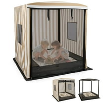 Costway Kids Wooden Sandbox with Canopy Mesh Door Windows Bench Seats Foldable Storage Box