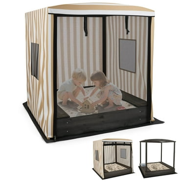 Costway Kids Wooden Sandbox with Canopy Mesh Door Windows Bench Seats Foldable Storage Box