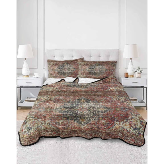 Quilts King Size, Boho Vintage Soft Comforter Bedding Set for Bed, Retro Flowers Modern Geometric Abstract Art Lightweight Quilted Bedspread with Pillow Cover(2 Pieces) for All Season, 96x106 Inch