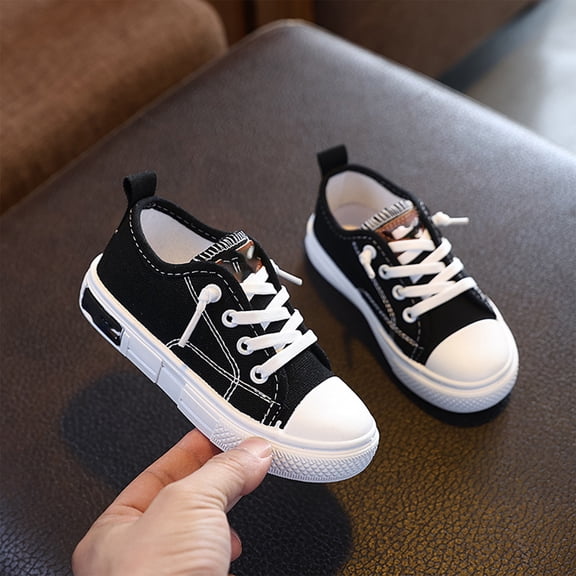 Girls Tennis Shoes, Toddler Boy Shoes Canvas Sneakers,Easy On and Off Wide Toe Box Lightweight Non-Slip Breathable Walking Shoes for School, Playground, Travel & Outdoor Play, Black US-5C/EU-21