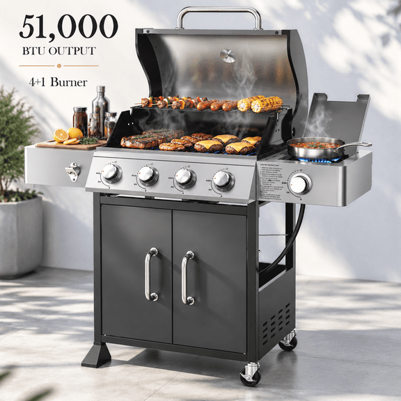 Seizeen Gas Grill with Side Burner, 51,000 BTU Outdoor BBQ Grill w/Porcelain-Enameled Cast Iron Grates, 4-Burner Portable Propane Grill on Wheelsfor Patio Backyard