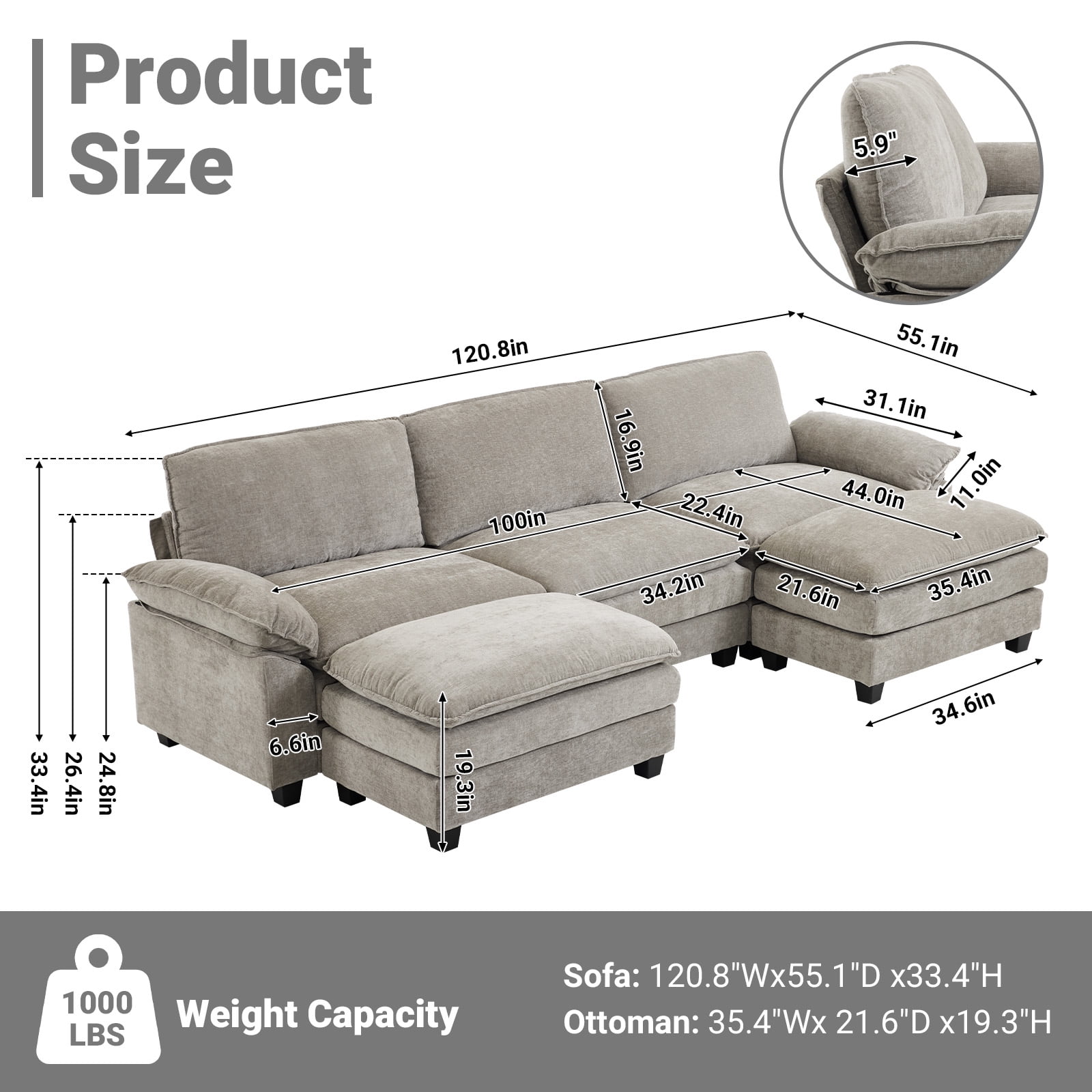 Ktaxon 120" W Sectional Sofa U Shaped Couch with Double Chaise Chenille Sleeper Set with 3 Oversized Seats Light Gray