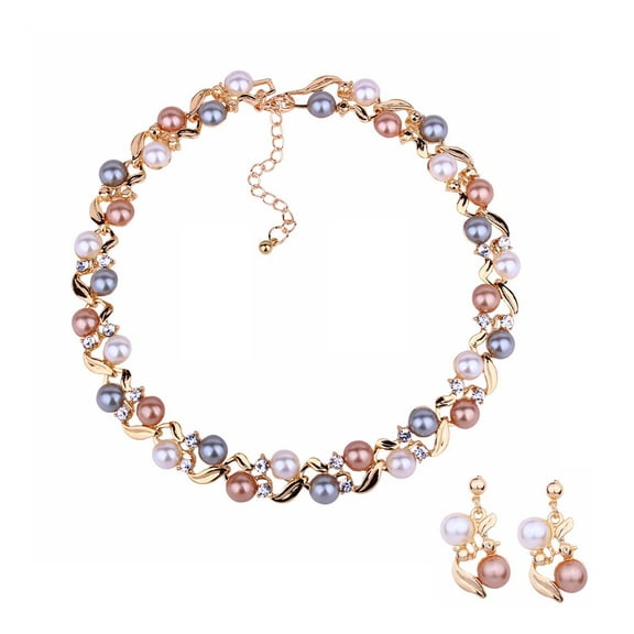 UDIYO 2Pcs/Set Adjustable Extension Chain Necklace Earrings Set Ear Studs Faux Pearl Bridal Earrings Necklace Set Jewelry Accessory