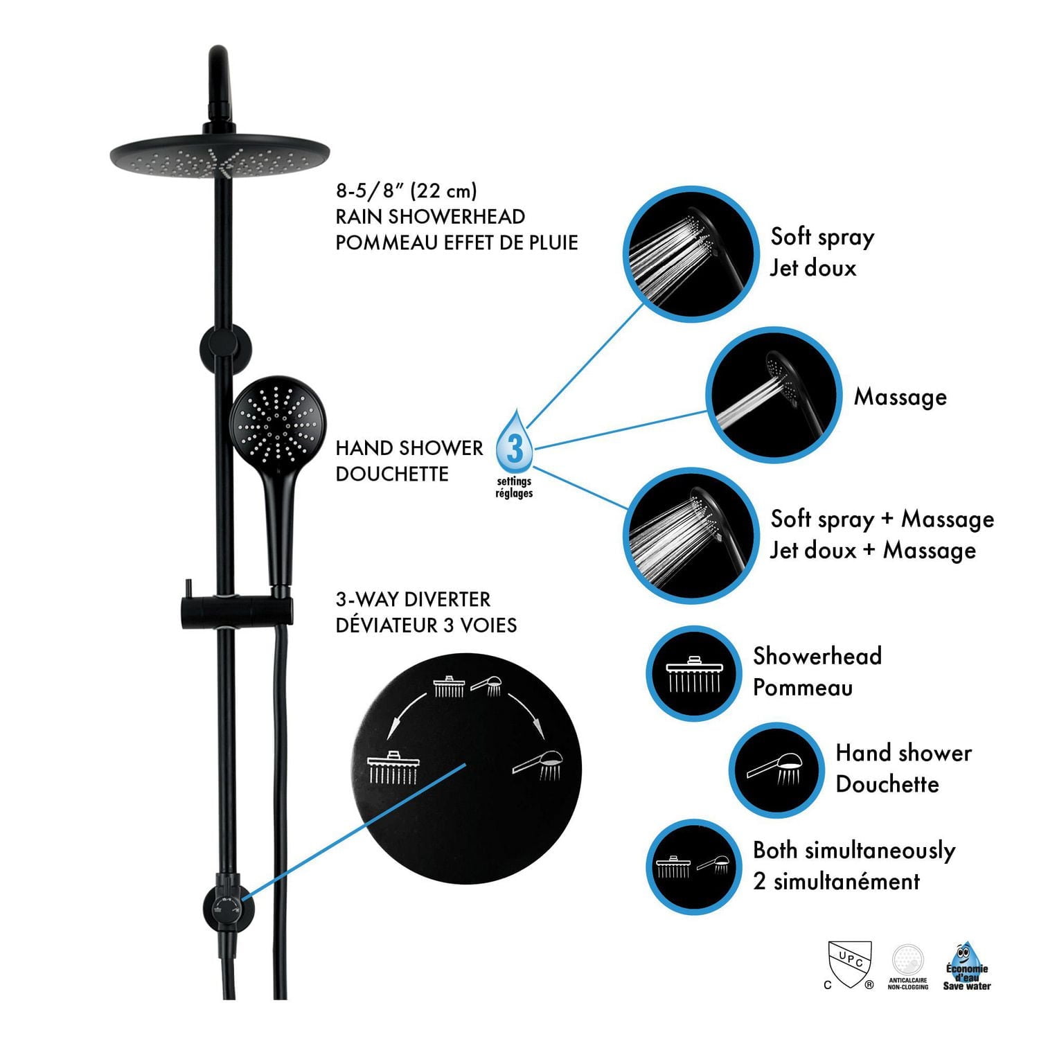 The akuaplus® thermostatic valve with 4-way diverter, adjustable shower post system, 3 Settings Hand shower, shower head  and spout, Matte black finish