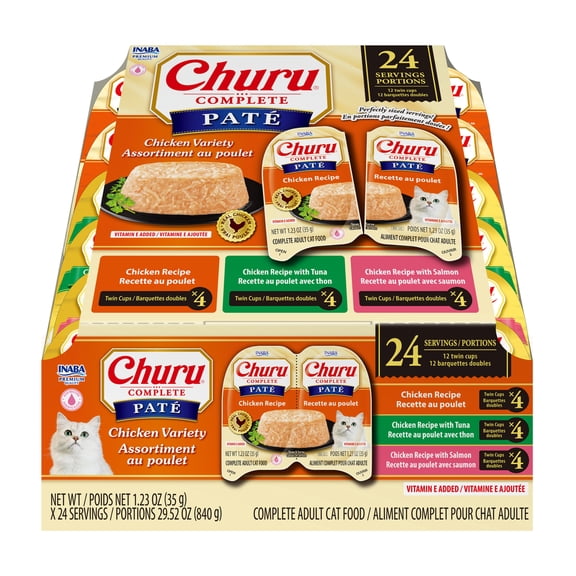 INABA Churu Complete Pate Wet Cat Food with Fish Oil, 2.46oz. Cup, 12 Cups, Chicken Variety