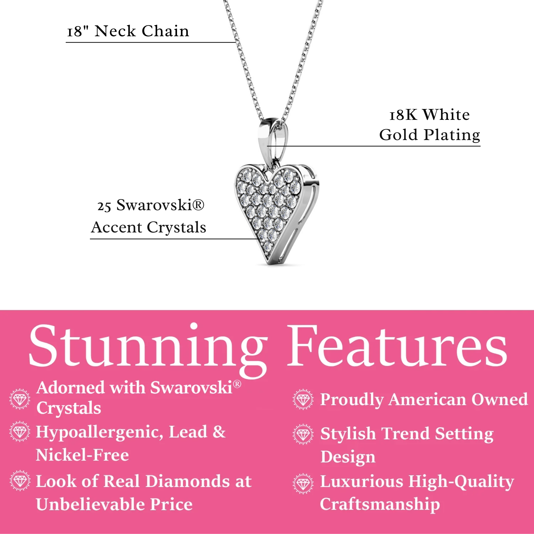 Cate & Chloe Cecilia 18k White Gold Plated Heart Pendant Necklace with Swarovski Crystals for Women