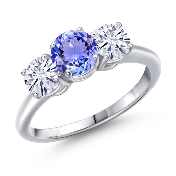 Gem Stone King 925 Sterling Silver Blue Tanzanite and White Moissanite Engagement Ring for Women | 1.90 Cttw | Round 6MM | Gemstone December Birthstone | Size 7