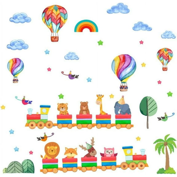 Colorful Animal Train Wall Stickers Cartoon Hot Air Balloon Wall Decal Jungle Giraffe Elephant Peel and Stick Wall Decor for DIY handcrafting