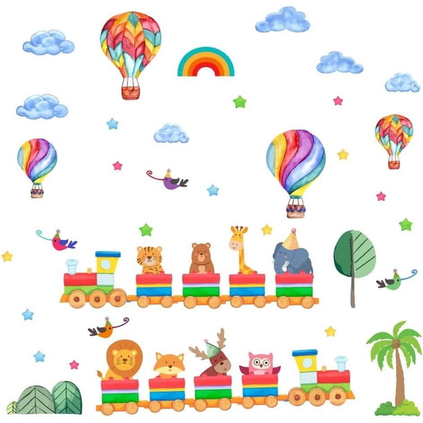 Pegatinas de pared de tren con animales de colores, globo aerostático de dibujos animados, calcomanía de pared de jungla, jirafa, elefante, decoración de pared despegable y adhesiva