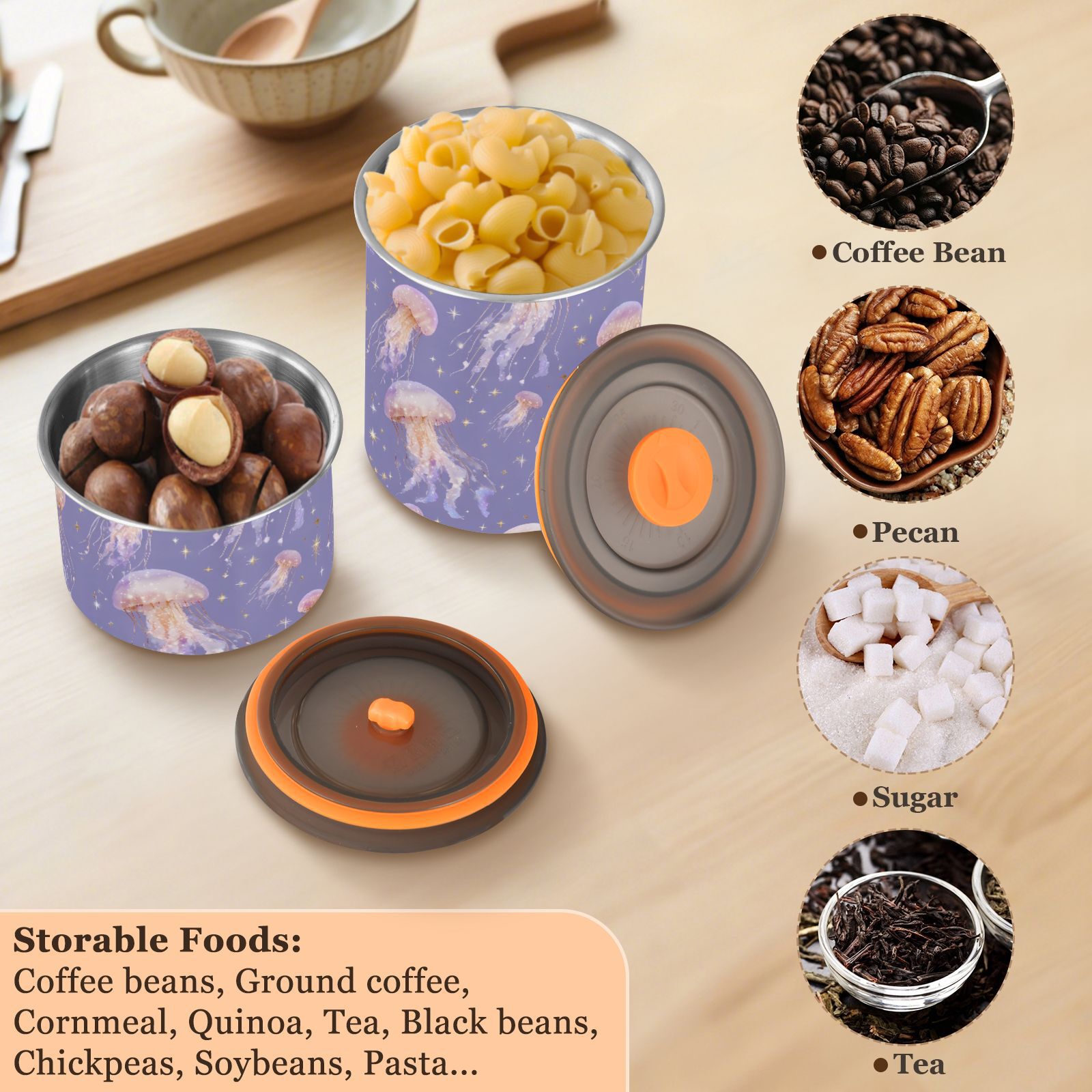 Jellyfish Stars Airtight Coffee Bean Canister 30oz Food Storage Containers with Lids For Gournd, Tea, Sugar, Flour, Rice, Cereal, Candy Cookie Jar
